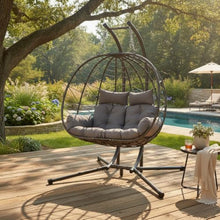 GDFStudio Double Hanging Egg Chair with Stand, Patio Hammock Swing Loveseat for Two, Oversized Wicker Chair with Cushion, Indoor Outdoor, Grey