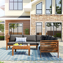 AOCHUANG Eucalyptus Wood 4 Piece Sectional Sofa Set Coffee Table Removable Cushion,Patio Seating Group L Shape Corner Garden Backyard Poolside (Natural Wood+Gray), 58.7inch x 27.6inch 25.1inch(L W H)