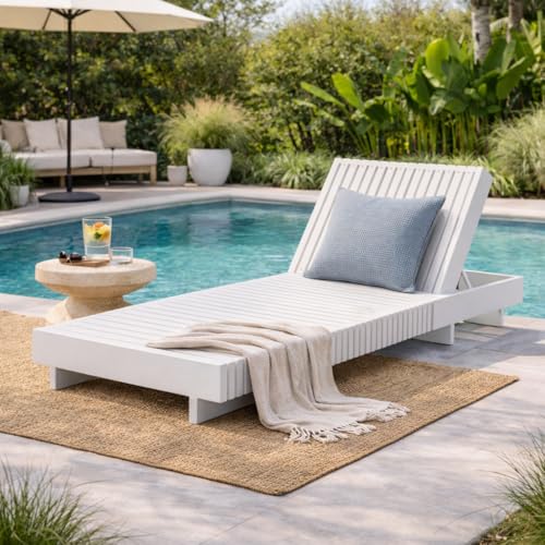 Christopher Knight Home Habery Acacia Wood Chaise Lounge Chair Outdoor, Solid Wood Patio Chaise Lounge, Poolside Sun Lounger, Adjustable Backrest Sunbathing Chair for Patio Garden, White