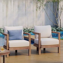 Christopher Knight Home Orion Set of 2 Outdoor Acacia Wood Club Chair with Tub Shape and Slat Panel, Patio Armchair, Water-Repellent Thick Cushion Seating for Garden Backyard Balcony, Brown Wash+Beige
