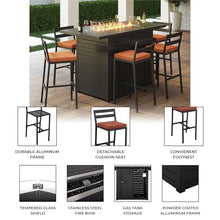 LeisureMod Chelsea 1 Bar Height Fire Pit Table & 6 Bar Chairs Orange Cushions, 50,000 BTU Fire Pit Dining Table Set, Powder-Coated Aluminum Patio Dining Set, Removable Olefin Covers