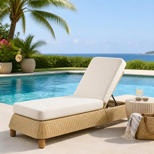 Merax Patio Wicker Chaise Lounge Chair with Cushions, 76.9'' Natural Rattan Sun Lounger with 6-Positions Backrest, Outdoor Reclining Lounger with Sturdy Wood Legs for Poolside, Deck, Beige+Natural