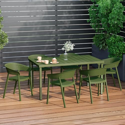 Costaelm Outdoor Patio Dining Set, 7 piece Dining Table Set, Breakfast Coffee Bar Table and Chairs of 6, Stackable Dining Side Chair, Patio Bistro Deck Furniture, Olive Green