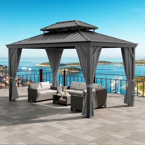 Patikuin Heavy Duty Hardtop Gazebo for Garden & Backyard – Double Metal Roof, Aluminum Pavilion with Privacy Curtains & Mosquito Netting, All-Weather Resistant – Black Spray + Gray Cloth Black Mesh,
