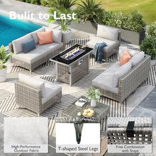 43 Inch Propane Fire Pit Table with Open Weave Wicker Design for Patio Garden Backyard - Orange and Yellow Outdoor Fire Table (7 Piece Sectional Sofa Set - Grey)