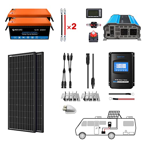 ACOPOWER 400Ah Battery 400W Solar Power System: 2PCS 200Ah Lithium Batteries+3000W Inverter+2PCS 200W Mono Solar Panels+40A MPPT Controller, for RV Boat 12V Off Grid Complete Solar Kit