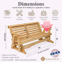 5 FT NATURAL Porch ROLLBACK Glider Cupholders Bench for 3 Person, Amish-Made Pine Wood Glider, Smooth Glide, Balanced Construction, Even Weight Distribution, Relaxed Seating Angle, Made in USA