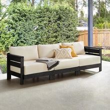Alaterre Furniture Barton 3 Seater Outdoor Patio Sofa - Weather-Resistant Eucalyptus Wood Outdoor Couch with Thick Cream Cushions - Modern Outdoor Furniture for Patio, Porch, or Deck (Black)