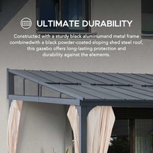 Sunjoy 12x14 ft Wall Mounted Gazebo with Powder Coated Steel Roof, Black Aluminum Frame, Curtains & Netting Black