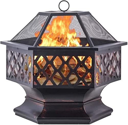 Garden Fire Pit Grill Bowl Grill Barbecue Rack 22" Black Fire Pit Square Steel Table Patio Garden Heater Outdoor BBQ Camping with Cover BBQ Cooking for Camping Backyard