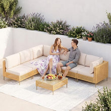 LHBcraft 7-Piece Outdoor Furniture Set, Handmade Rattan Patio Furniture Set, Outdoor Sectional Furniture, Patio Sectional with Fluffy Cushions and Coffee Table, Yellow Beige