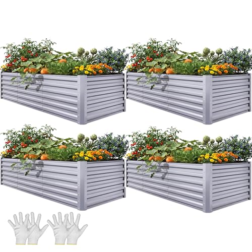 YITAHOME 8x4x2 ft 4pcs Galvanized Raised Garden Bed Kit, Large Metal Planter Box with Gloves, Safety Rubber & Support Rod, Outdoor Flower Bed for Plants Vegetables, Silver