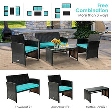DUYHBAWRS 4PCS Patio Rattan Furniture Set Cushioned Chair Sofa Table Turquoise