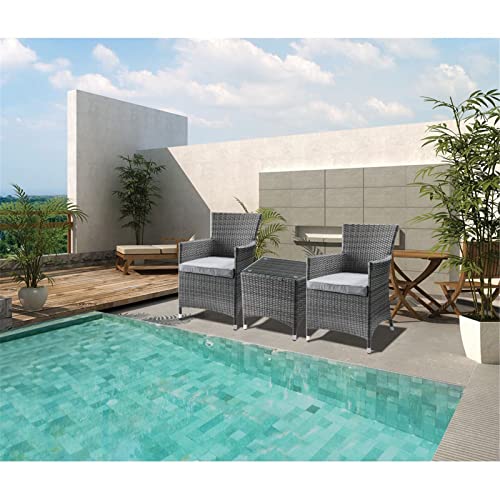 Gray Fabric & Gray Wicker Patio Bistro Set, 3-Piece Patio Furniture Sets Outdoor Wicker Rattan Sectional Sofa Coffee Table with Tempered Glass for Garden Balcony Backyard Yard Poolside (Grey) (Grey)