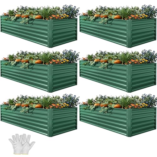 YITAHOME 6pcs 6x3x2 ft Galvanized Raised Garden Bed Kit, Large Metal Planter Box with Gloves & Support Rod, Outdoor Flower Bed for Plants Vegetables, Green