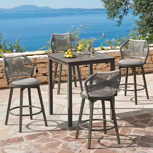 Cozyman 5-Piece Outdoor Bar Set with 360° Swivel Barstools, 4 Counter Height Bar Stools & 1 Table, Aluminum Frame with Boho Rattan Weave and Circular Cushion, Grey