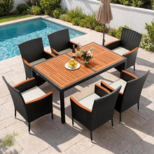 Devoko 7 PCS Acacia Wood Patio Dining Set, Black Rattan