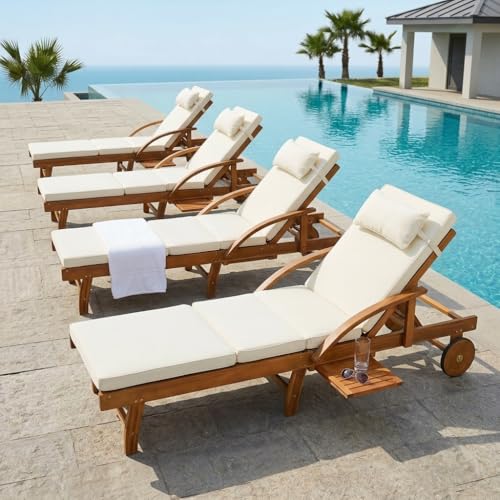 Merax Outdoor Lounge Chair with Adjustable Backrest, Leg Rest and Side Tray, Set of 4 Acacia Wood Patio Folding Chaise Lounge with 3.1" Thick Cushions for Patio Poolside Garden, All-Weather, Beige
