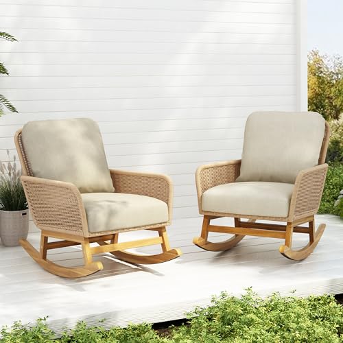 Christopher Knight Home Nadine Patio Rocking Chairs Set of 2, Wicker Rocker, Wood Rocking Chair, PE Rattan Wick Chair, Rocking Chair with Cushions, Comfort Wicker Rocker for Backyard Balcony, Beige