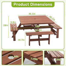 AMZXPLORE Square Picnic Table, 6-8 Person Picnic Table Outdoor Dining Table with Umbrella Hole and 4 Built-in Benches, Waterproof Wooden Dining Tables Set for Garden, Backyard, Porch and Deck