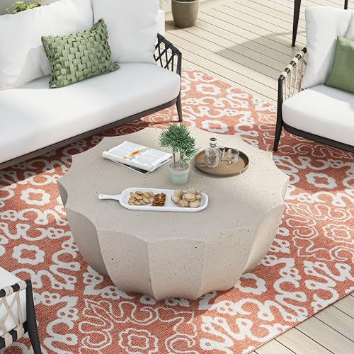 35.43'' Round Outdoor & Indoor Coffee Table, Waterproof MgO Cement Coffee Table, Modern Patio Table for Garden, Backyard, Balcony & Living Room, No Assembly Required, White