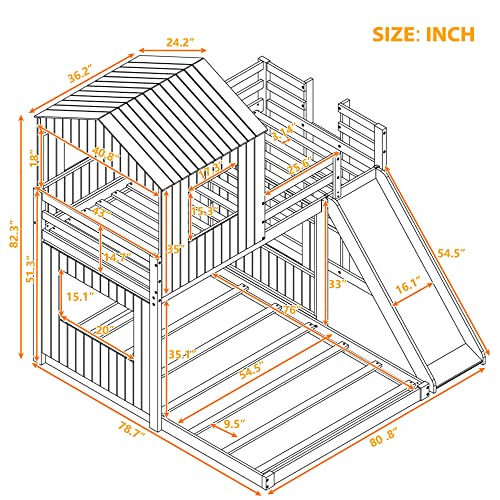 Harper & Bright Designs Twin Over Full House Bunk Bed with Slide and Roof White
