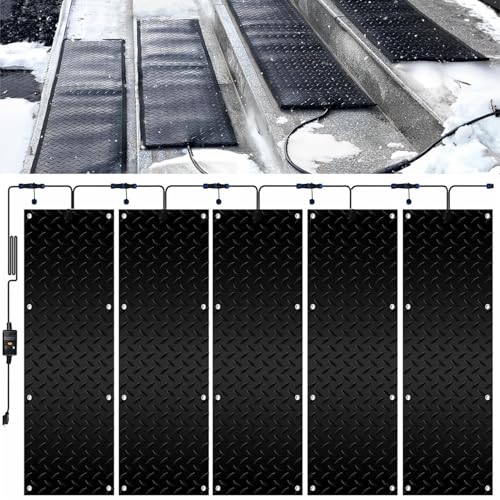 ZSPINJIA Heated Snow Melting Half Walkway Mat, 1/2/3/4/5 pcs Heated Snow&Ice Melting Stair Mat, Snow and Ice Melting Mat,No-Slip Heating Entrance Mats for Winter Outdoor Stairs, Garages(5 Pcs,10x48in/