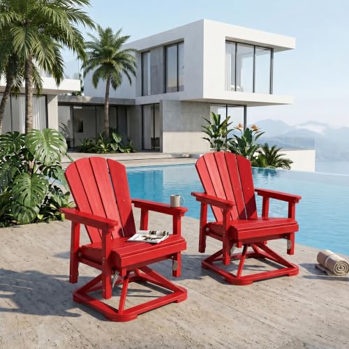 Patio Kingdom Set of 2 Adirondack Swivel Glider Chairs, All-Weather HDPE Patio Glider Set for Porch, Balcony, Heavy Duty Swivel Rocker Outdoor Seating, 360 Degree Rotation, Red