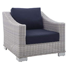 Modway Outdoor Patio Wicker Rattan 2-Piece Armchair and Ottoman Set in Light Gray Navy with Sunbrella® Cushions