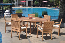 TeakStation 7 Seater Grade-A Teak Wood 8 Pc Dining Set: 72" Round Table and 7 Leveb Stacking Arm Chairs #TSDSLV61