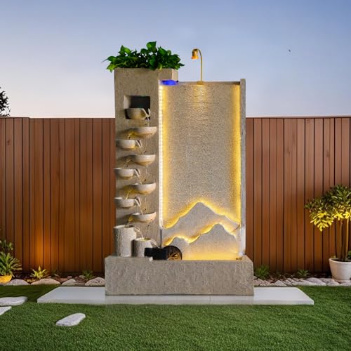 Luxury Elegant Cement Water Wall Tiered Fountain with Lights – 8.2ft Outdoor/Indoor Modern Landscape Feature,Europe Mountain Design, Housewarming,Shop Opening Gift(Left)