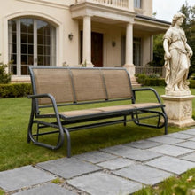 Homyee Sturdy Patio Glider Bench w/Breathable Texteline Fabric Back & Seat for Garden, All Weather Outdoor 3 Seater Glider Chair w/Durable Powder Coated Metal Frame for Porch, Deck, Balcony (Brown)