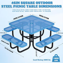 46" Square Top Outdoor Picnic Table Set for Up to 8 Persons, Outside Table Set with 4 Built-in Benches, Metal Commercial Grade Dining Furniture with Umbrella Hole for Garden, Backyard, Patio, Blue