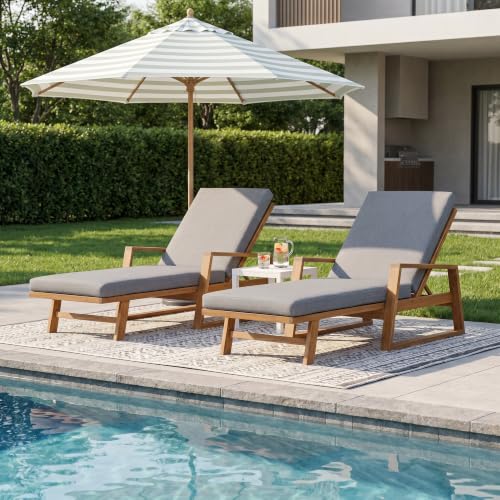 Christopher Knight Home Barde Set of 2 Patio Chaise Lounge Chair Outdoor with Cushion, Acacia Wood Poolside Sun Lounger with Armrests, 4-Position Adjustable Backrest Pool Lounger, Grey + Teak