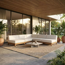 Outdoor Escape White Fabric Modular Outdoor Patio Sectional, Acacia Wood Finish, Cushioned Seating, Outdoor Living Furniture