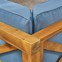 GDFStudio Outdoor Sectional Loveseat Set with Coffee Table | 2-Seater | Acacia Wood | Water-Resistant Cushions | Teak and Blue