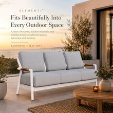 Outdoor Couch Elementi Santorini Patio Sofa, 3 Seat Outdoor Furniture Sofa with Aluminum Teak Rope Frame and Sunbrella Natté Grey Chiné Cushions, White, 81.9 x 32.7 x 31.5 in