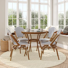 Flash Furniture Lourdes Indoor/Outdoor Commercial French Bistro Set - Tempered Glass Top Table - 4 Chairs - PE Rattan - NAT Bamboo Print Aluminum Frame - White/Navy