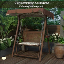 Outdoor Porch Swing with Canopy & Metal Frame, Waterproof Patio Swings with Seat Cushion & Pedals, Cup Holder Trays & Wear-Resistant Foot Pads for Garden Backyard(Brown)