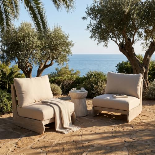 Christopher Knight Home Hopi Set of 2 Outdoor Club Chairs with Water Resistant, Acacia Wood Lounge Chair Outdoor, Patio Low Profile Accent Chairs, Comfy Reading Chairs for Garden, Light White + Sand