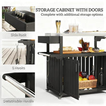 Modern Outdoor Bar Tables with Four 360° Swivel Wheels and Detachable Paper Towel Rack, Mobile Storage Islands with Cabinet and Open Shelf (Black and Silver)