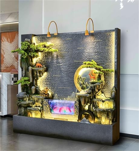 Outdoor Water Feature Indoor/Outdoor Large Water Fountain Wall, Lightweight Resin Fountain with LED Lights, Mist, Bonsai Trees with Fish Tank, Zen Decor(Blue,Small)