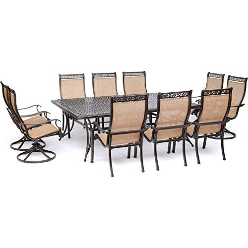Hanover Manor 11-Piece Outdoor Dining Set with 4 Sling Swivel Rockers and 6 Stationary Chairs Tan