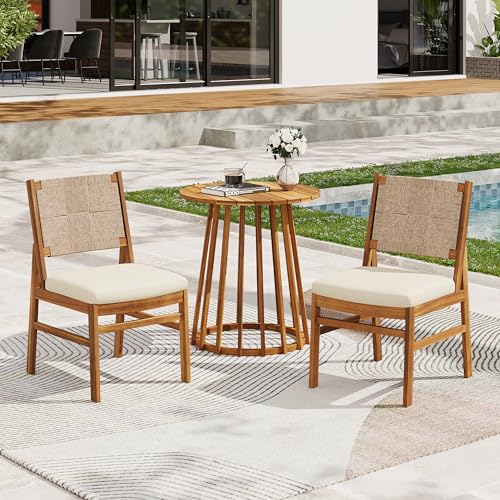 Christopher Knight Home Outdoor Bistro Set 3 Piece, Acacia Wood Round Dining Table and 2 Wicker Dining Chairs with Cushions, Teak Finish Patio Furniture Set for Balcony Garden Deck