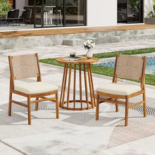Christopher Knight Home Outdoor Bistro Set 3 Piece, Acacia Wood Round Dining Table and 2 Wicker Dining Chairs with Cushions, Teak Finish Patio Furniture Set for Balcony Garden Deck