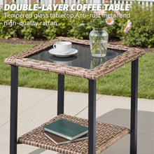 Hassyee 3 Pieces Wicker Bistro Set with Swivel Rocker Chairs and Square Coffee Table for Poolside, Balcony, Outdoor Patio Furniture Set with Washable Cushions and Glass Tabletop for Garden