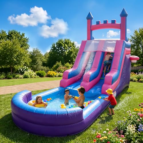 HESMAX Inflatable Water Slide with Splash Pool, PVC Thickened Material Easy Setup Outdoor Summer Water Play Toy for Kids Adults Backyard Party Use-Purple Castle
