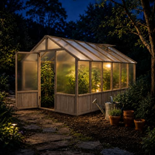 8x12 FT Wooden Outdoor Greenhouse, Polycarbonate Walk-in Greenhouse Kit with Ventilated Window & Lockable Door, Garden Green House for Backyard