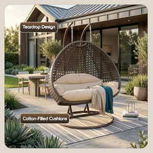 LeisureMod 2-Person Wicker Egg Chair, Cream, Beige Steel Stand