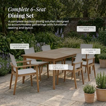 POVL Outdoor Menlo 7-Piece Teak Patio Dining Set for 6 — 95" Rectangular Grade A Teak Table, 2 Armchairs & 4 Side Chairs — Modern Patio Furniture for Deck, Backyard & Poolside